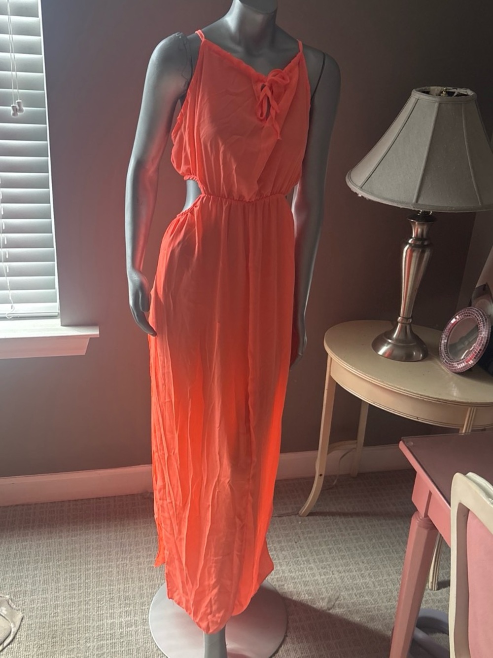Women's Coral Cutout Maxi Dress - Sleeveless Summer Style